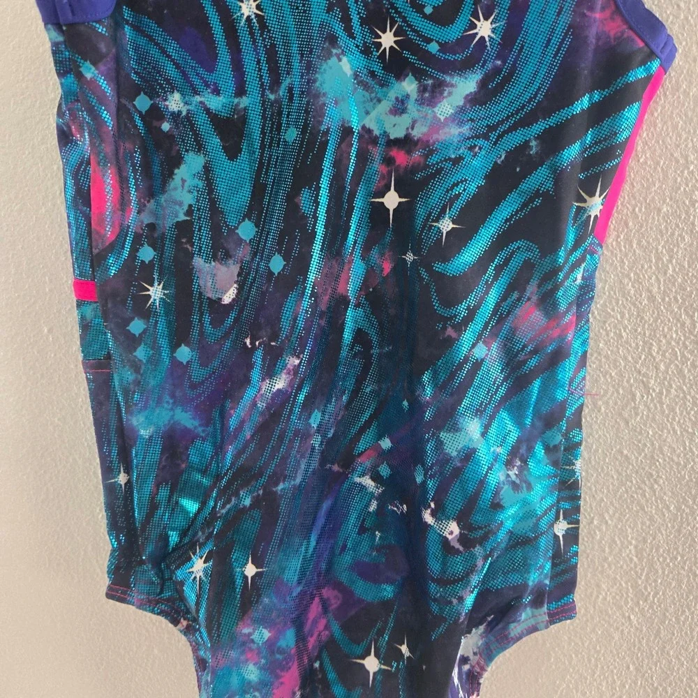 NWT Rainbeau Moves Girls Galaxy Metallic‎ Gymnastics Leotard Pink Blue Small